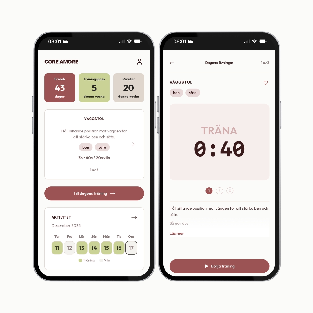 Core Amore dashboard and workout views