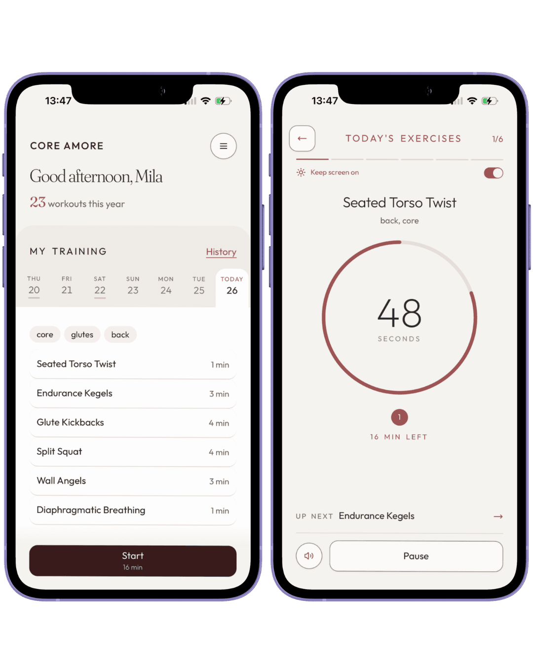 Core Amore app screens showing today's workout and an active exercise timer